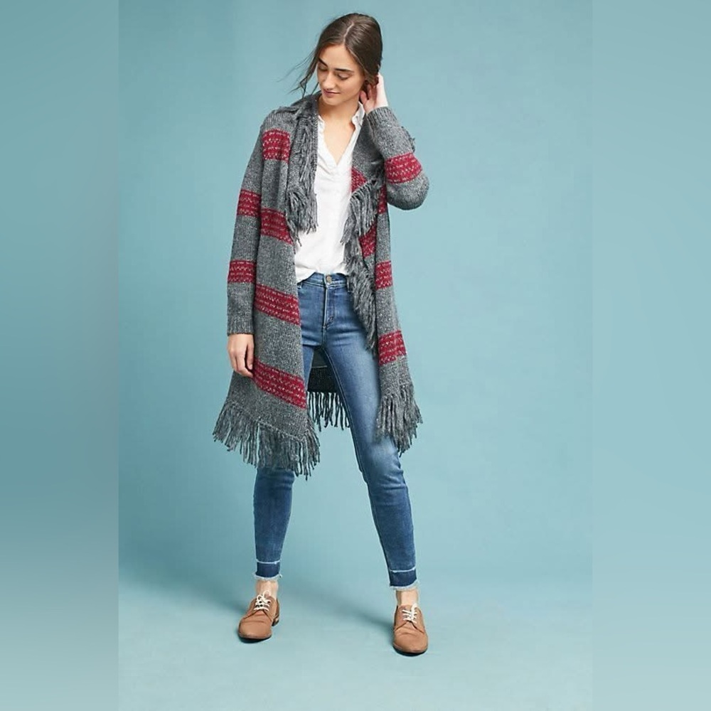 Moth Fringed Gray and Red Cardigan, size Medium Anthropologie